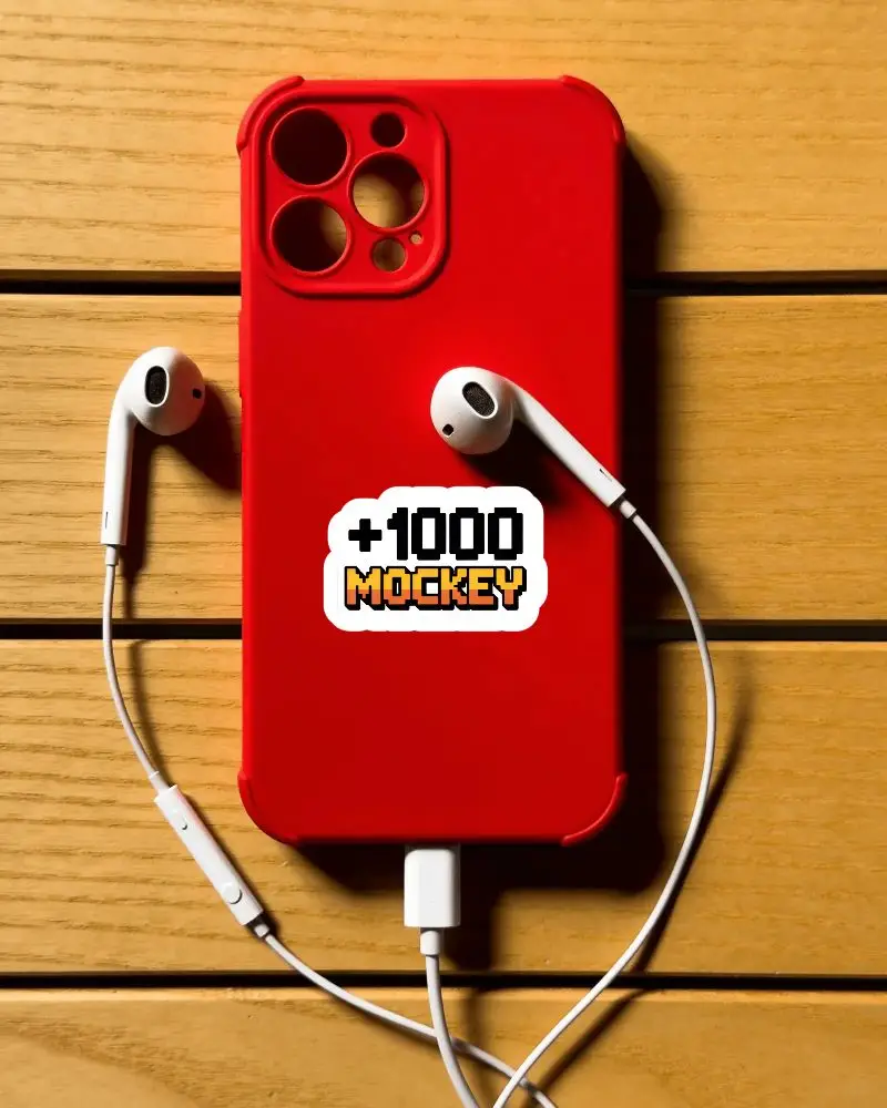 Sticker Mockup For Smartphone Protection Case With Headphone Accessory Flatlay On Wooden Texture