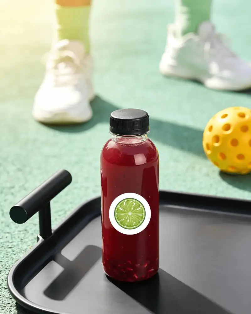 Transparent Juice Bottle Sticker Mockup On Sports Court Background For Marketing