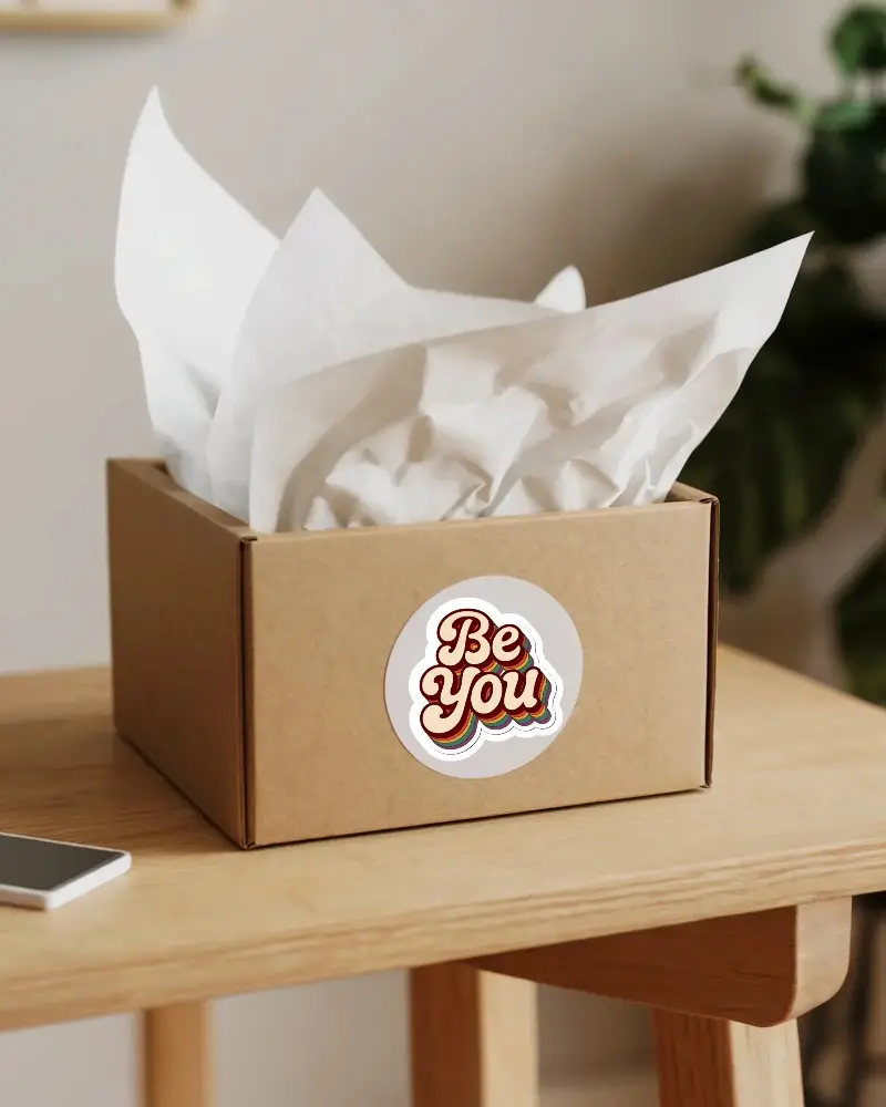 Kraft Box With Round Sticker Mockup On Wooden Table Home Office Stationery