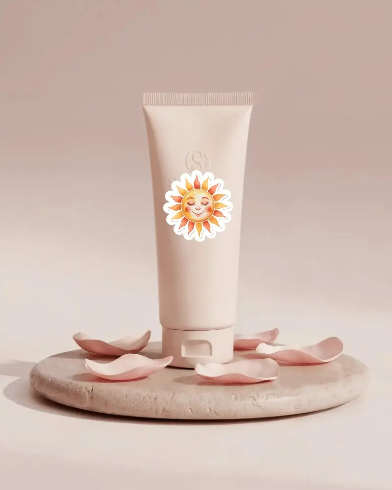 Modern Cosmetic Tube Sticer Mockup Set On Textured Round Stand With Botanical Elements