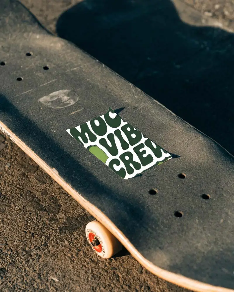 Blank Rectangular Sticker On Skateboard Deck Surface Outdoor Street Scene Mockup