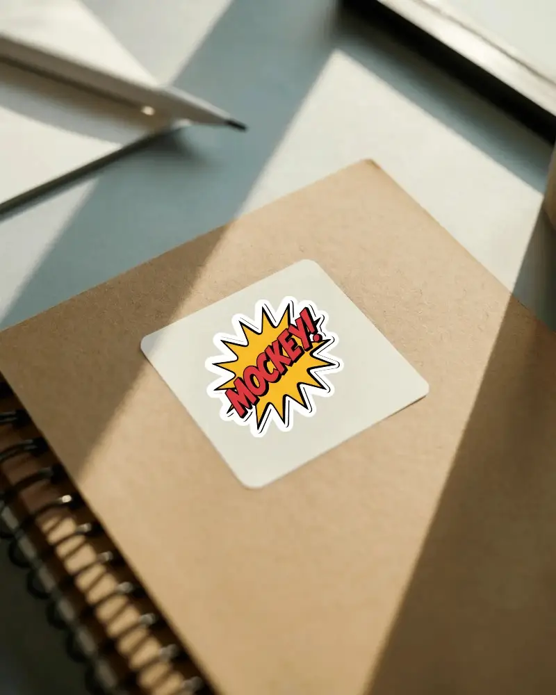 Minimal Square Sticker Mockup On Kraft Paper Notebook For Branding And Packaging Design