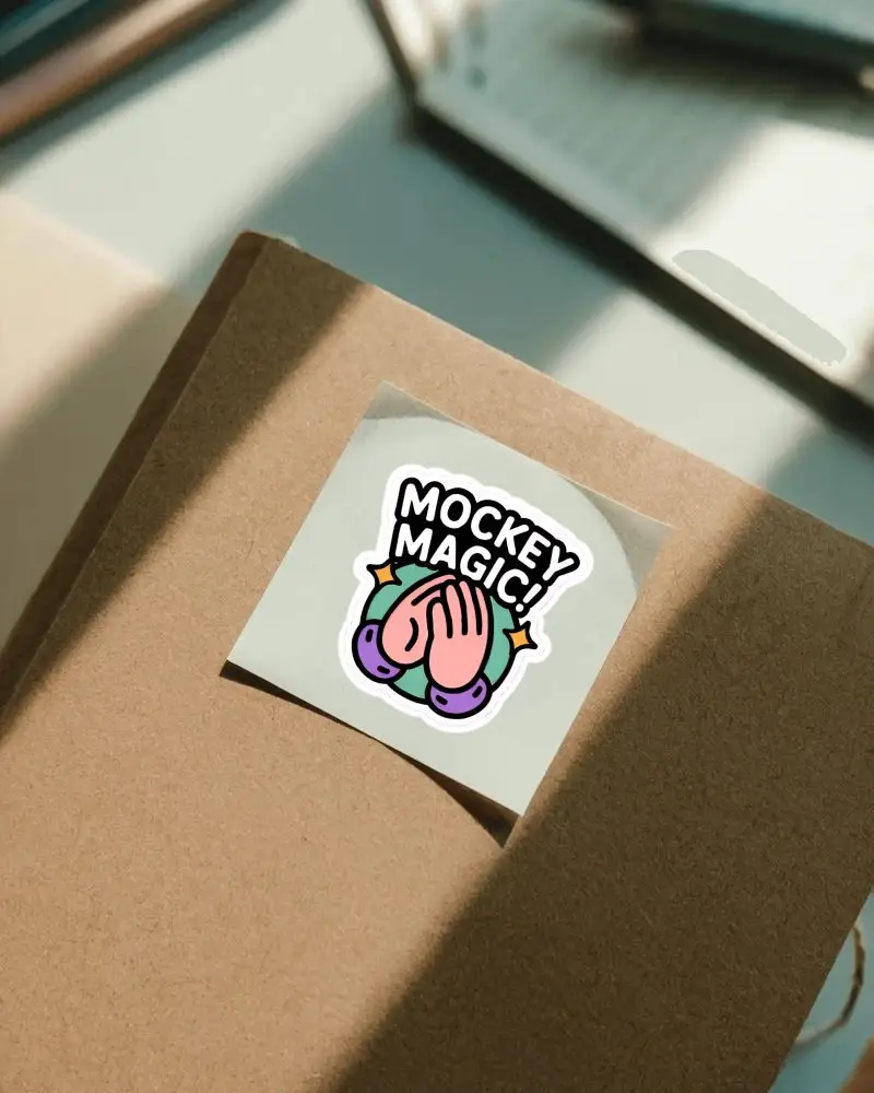 Minimalistic Sticky Note Mockup On Recycled Paper Covered Notebook With Natural Light