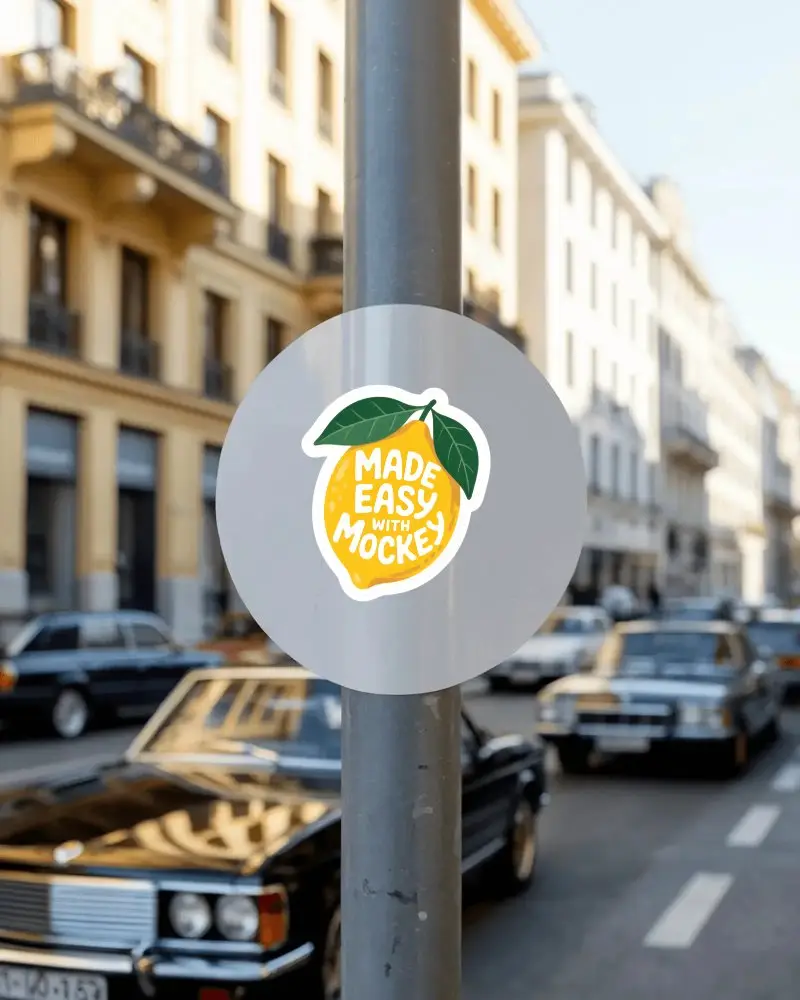 Circular Adhesive Sticker Mockup Mounted On Lamp Post In Busy City Street Scenario