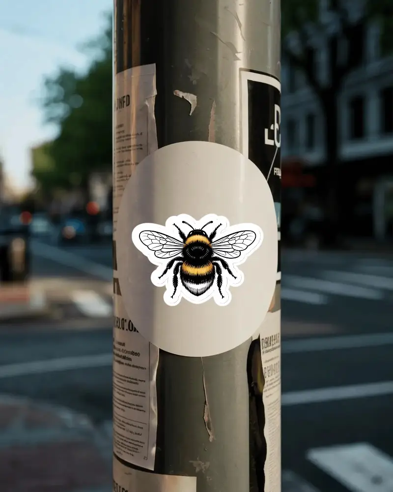 White Circular Sticker Mockup Attached To Street Pole With Cityscape Out Of Focus