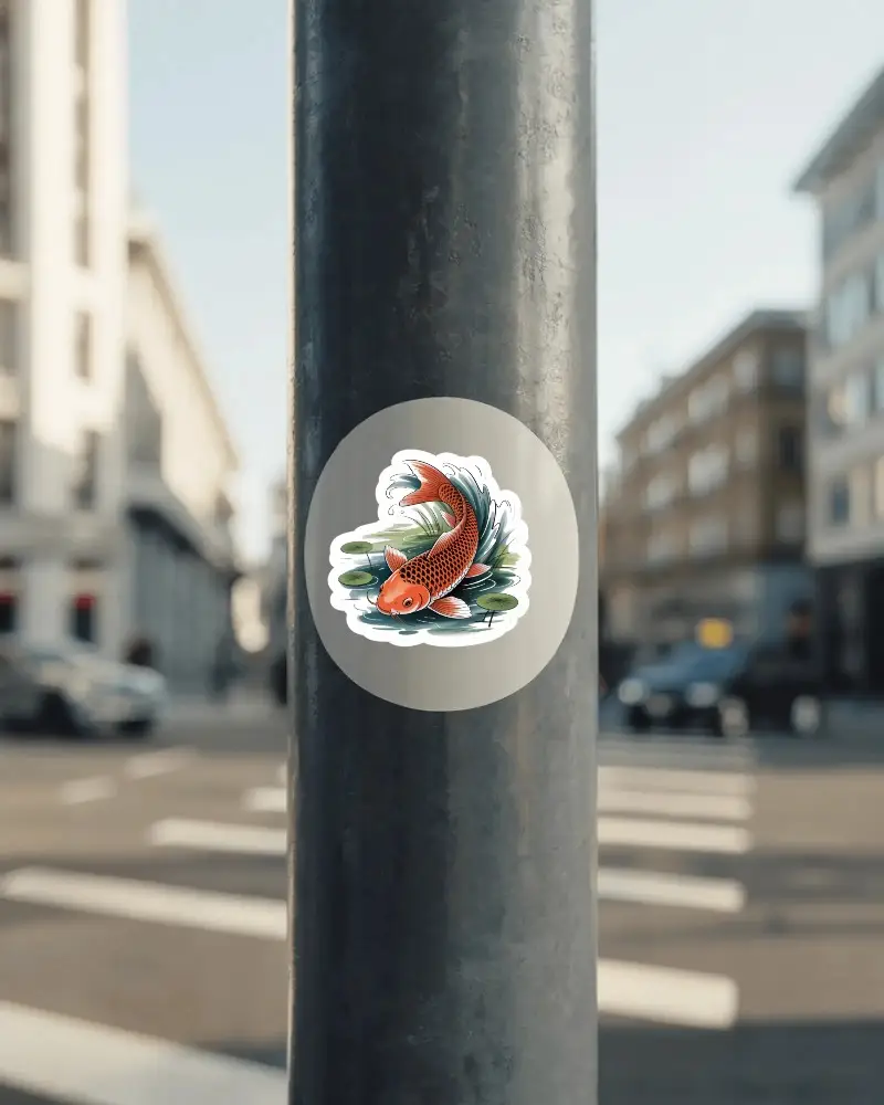 Round Sticker Mockup On Outdoor Pole With City Street And Building Background