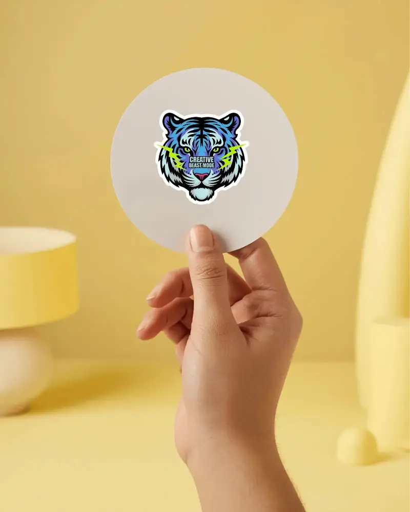 Hand Holding Round Sticker Mockup With Minimalist Background For Branding Design Projects