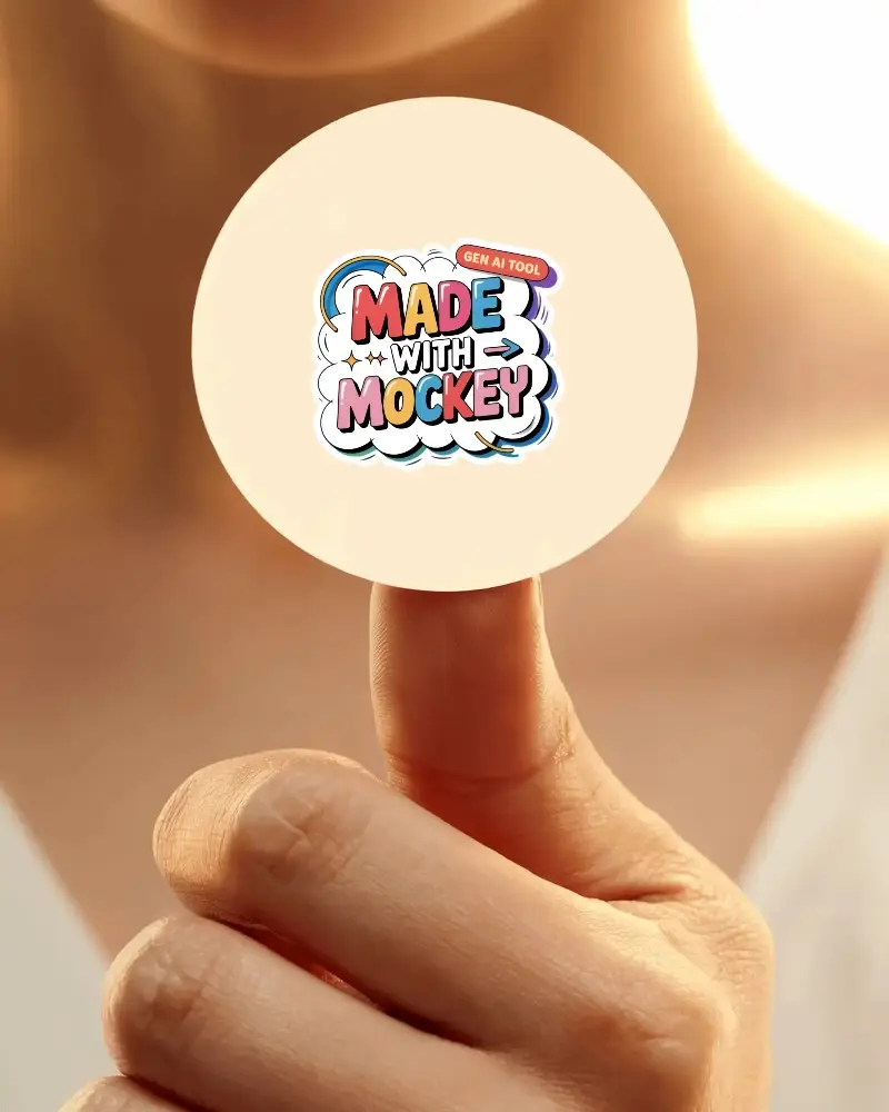 Blank Round Sticker On Fingertip Closeup Sticker Mockup With Minimalistic Background