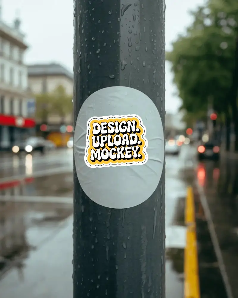 Blank Circular Sticker On Rain Soaked Pole With City Background Urban Sticker Mockup
