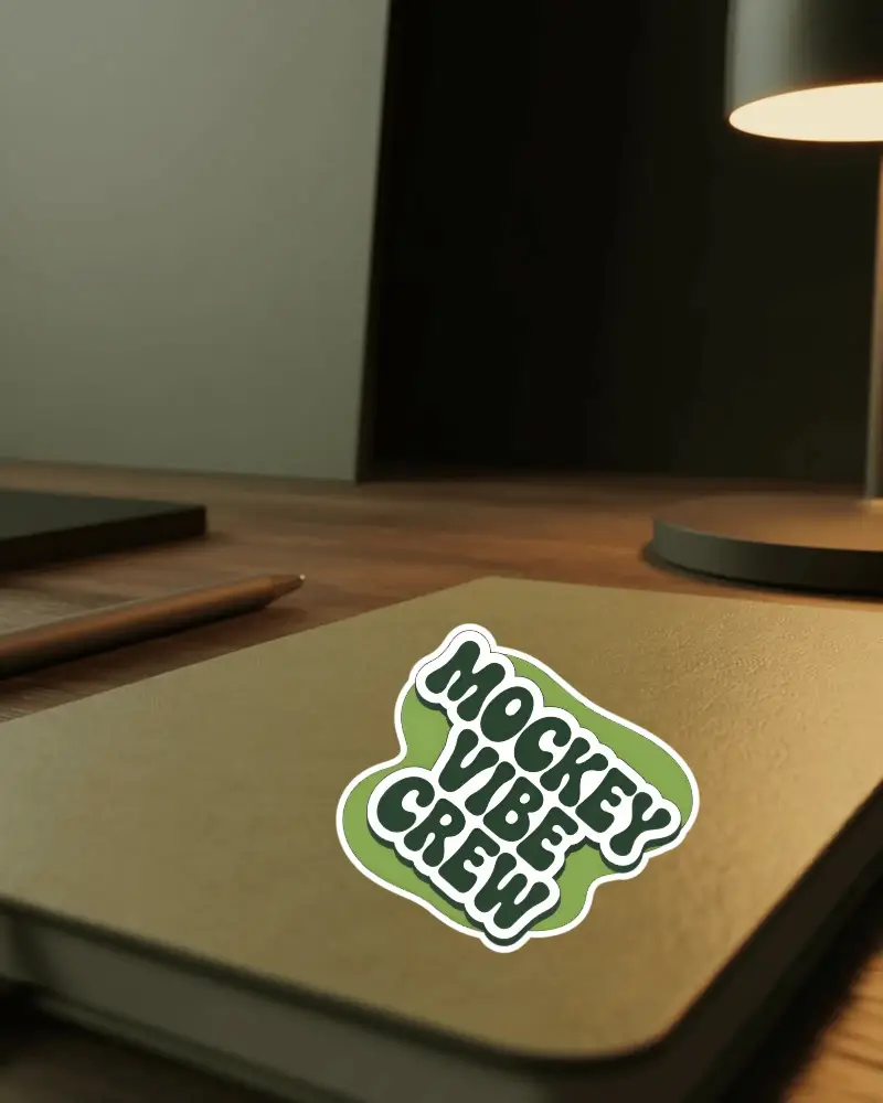 Textured Notebook Sticker Mockup On Wooden Desk With Pen And Lamp Lighting