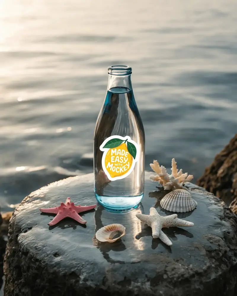 Glass Water Sticker Mockup Rock By Sea With Sea Shells And Starfish Nature Outdoor Mockup