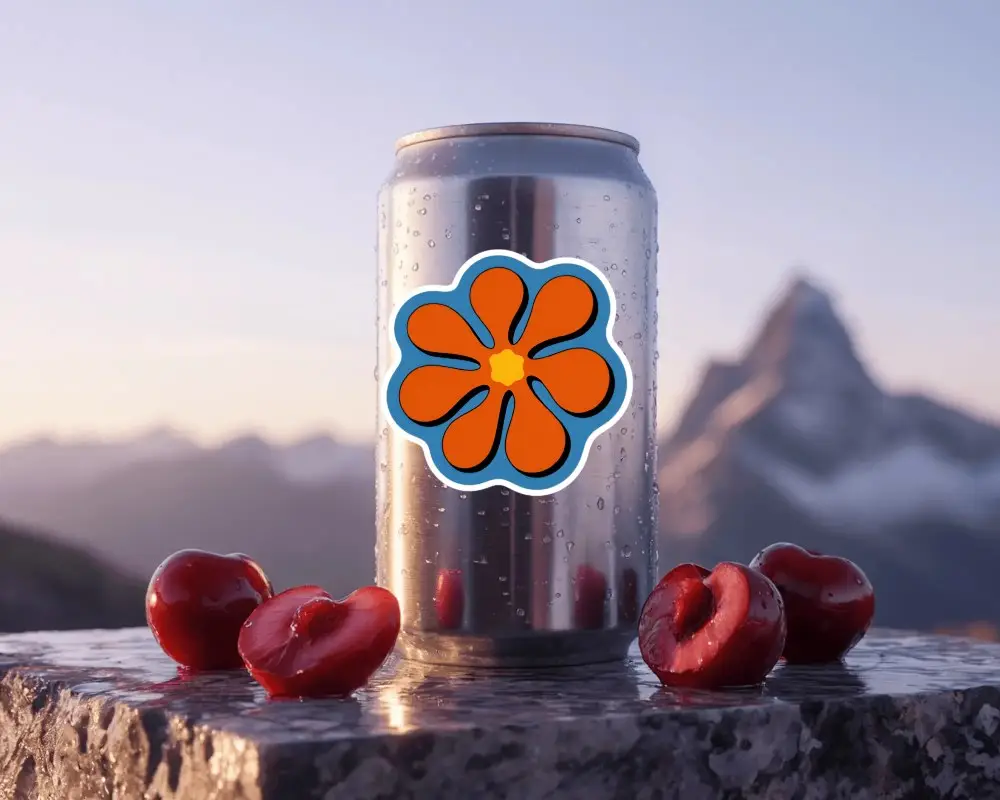 Fresh Fruit Flavored Drink Can Sticker Mockup On Textured Stone Surface With Misting Water Drops