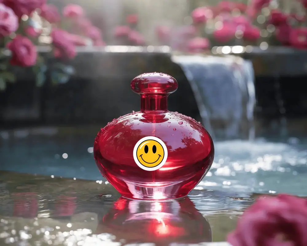 Elegant Round Glass Perfume Bottle Sticker Mockup With Moisture Droplets On Reflective Water Surface