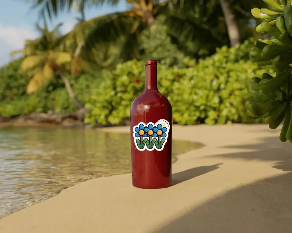 Tropical Beach Bottle Sticker Mockup Blank Label Design Sandy Shore Ocean Water Background