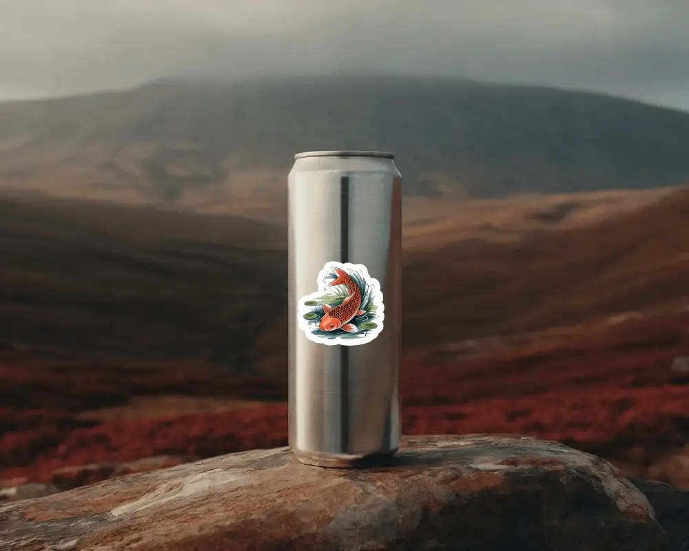 Blank Metal Can Sticker Mockup On Rock With Mountain Background For Design Presentation