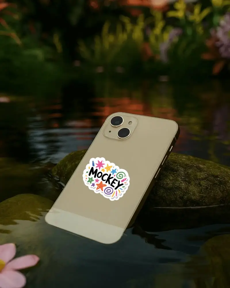 Sleek Smartphone Sticker Mockup In Natural Water Settings For Modern Device Promotion Campaign