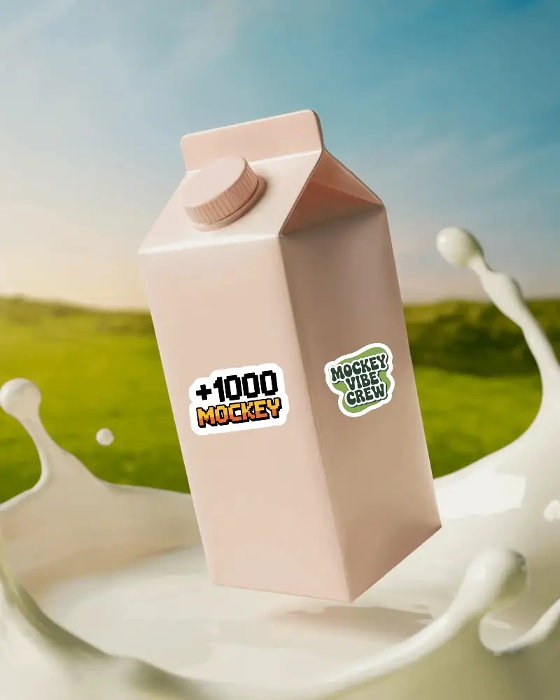 Blank Dairy Product Pack Sticker Mockup Floating Above Milk Splash In Natural Landscape