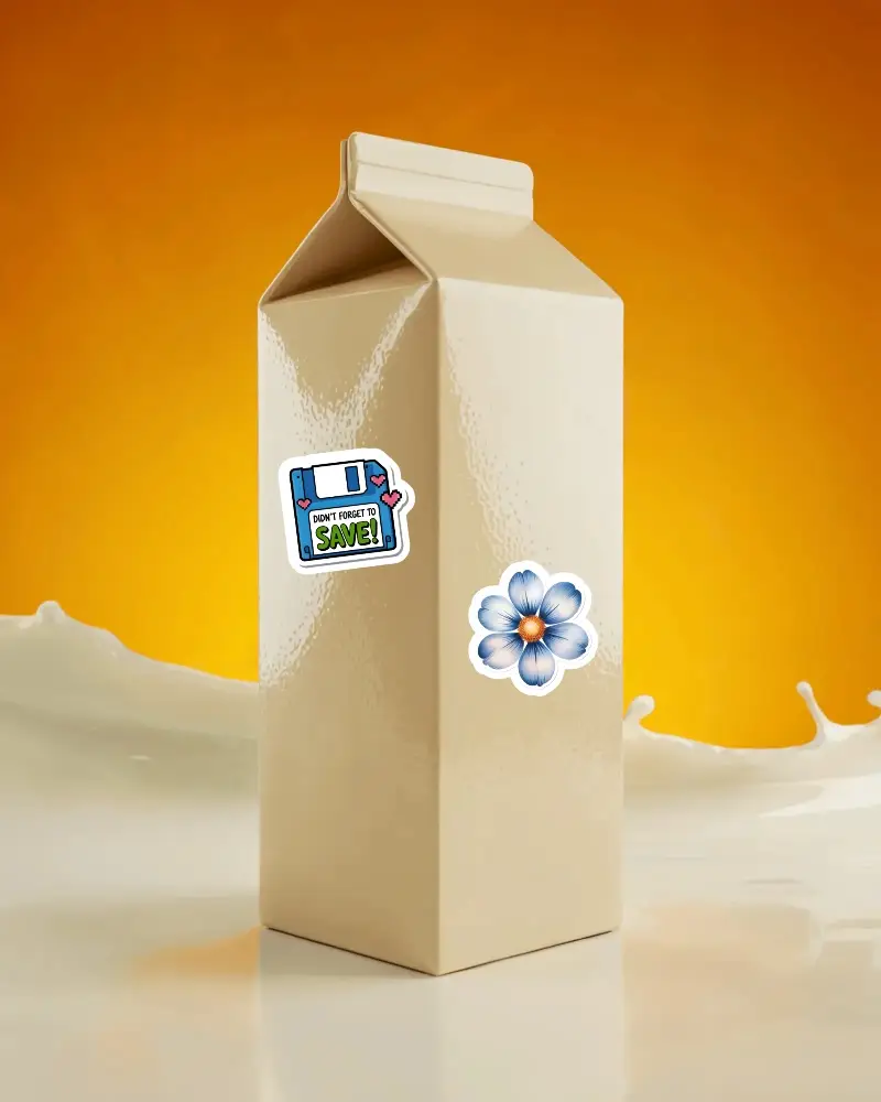 Rectangular Milk Carton Sticker Mockup With Glossy Surface And Liquid Splash Background