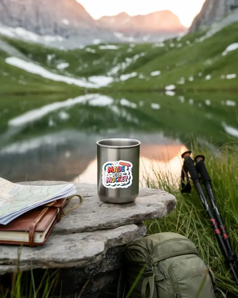 Wilderness Travel Sticker Mockup With Backpack Map And Hiking Poles Near Water Reflection