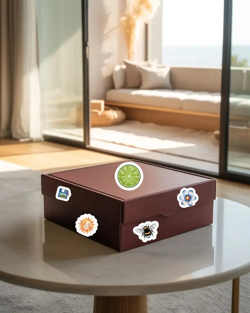 Luxury Gift Box Sticker Mockup On Maroon Packaging In Modern Sunlit Living Room Scene