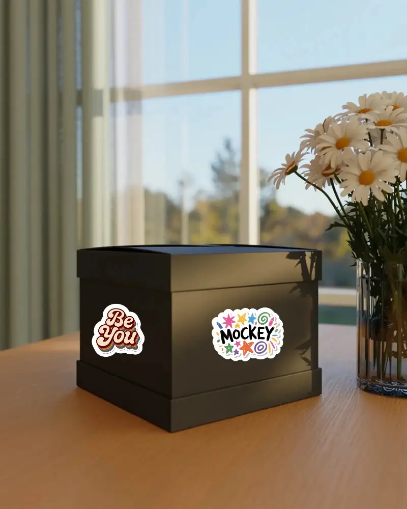 Premium Sticker Mockup Box On Wooden Table With Flower Vase Near Window Light