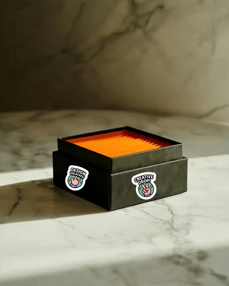 Sleek Modern Sticker Box Mockup With Organized Sheet Layout For Product Presentation