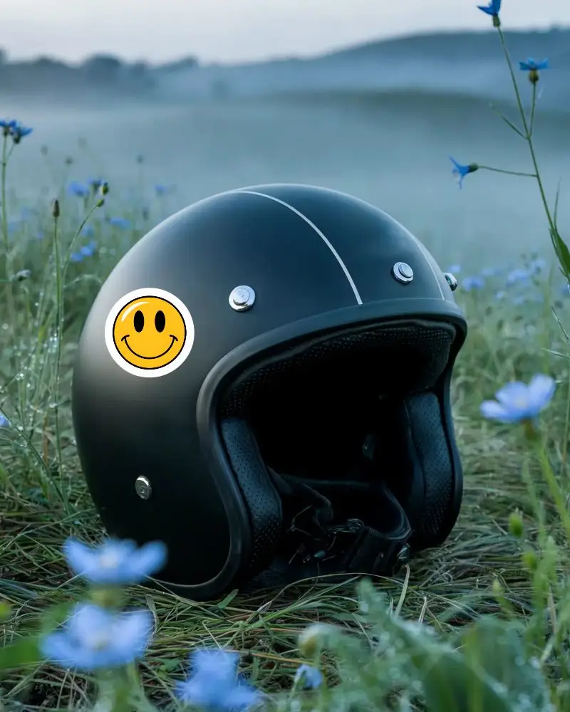 Matte Black Motorcycle Helmet Sticker Mockup In Wildflower Meadow During Morning Mist