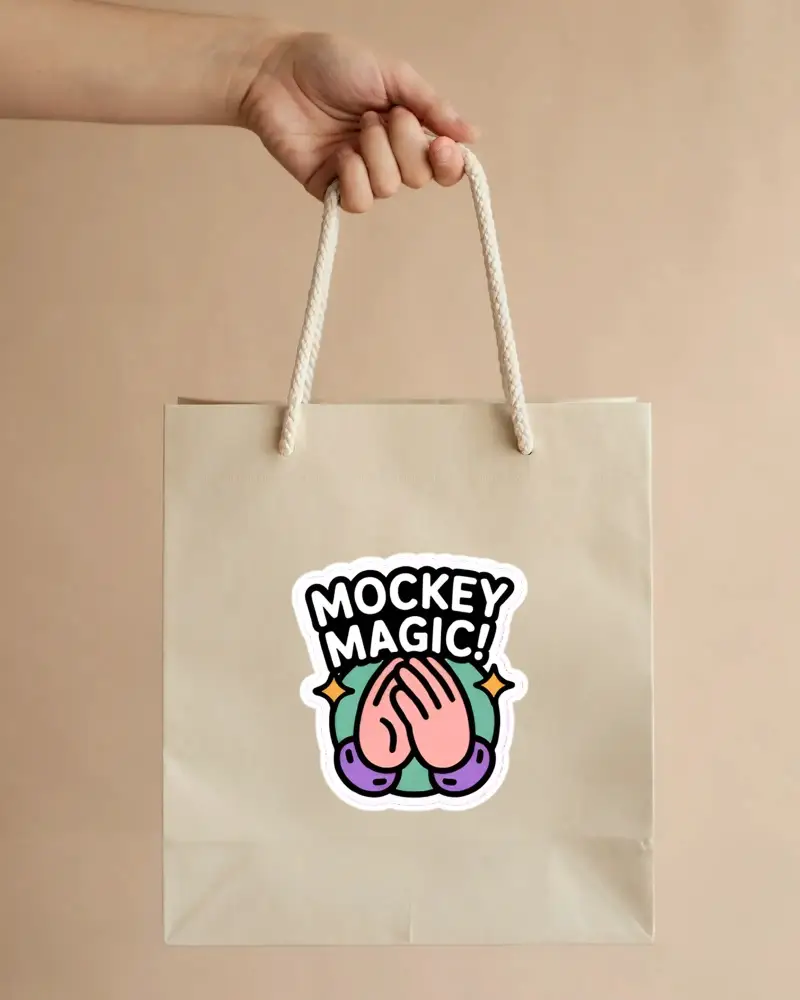 Neutral Paper Bag Sticker Mockup With Hand Holding Rope Handles On Minimal Beige Background