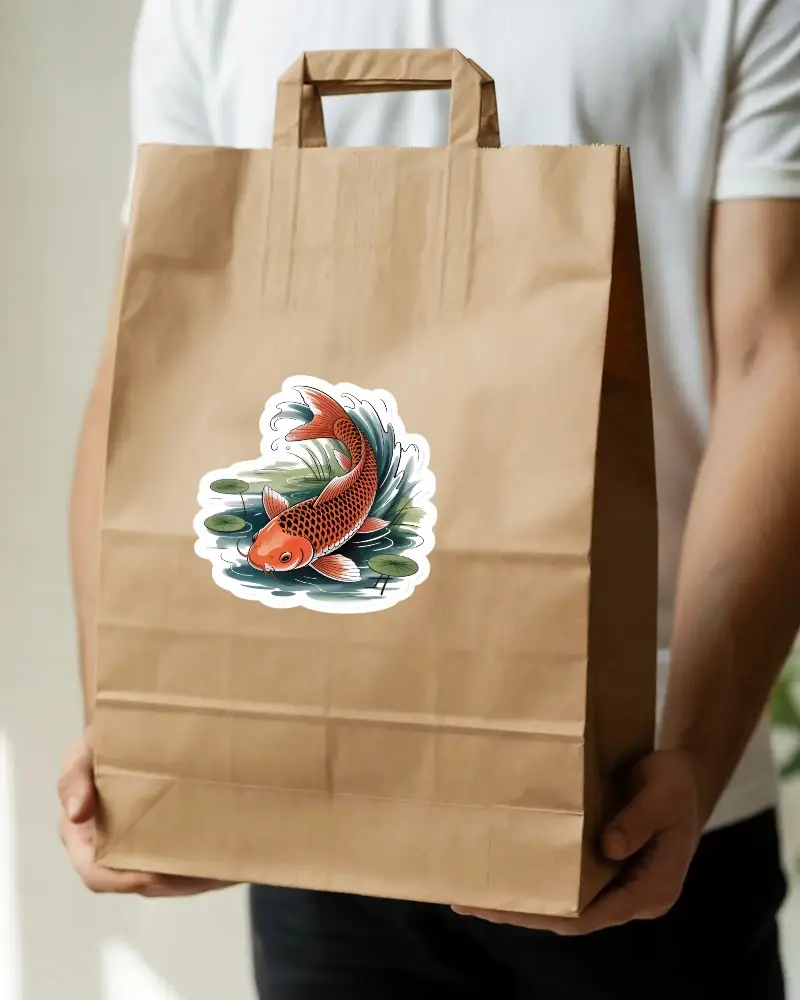 Natural Kraft Paper Bag Sticker Mockup With Flat Handle Held By Person For Brand Packaging Display