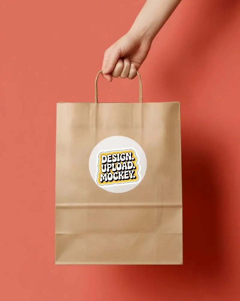 Hand Holding Paper Bag With Round Sticker Mockup On Solid Background For Branding