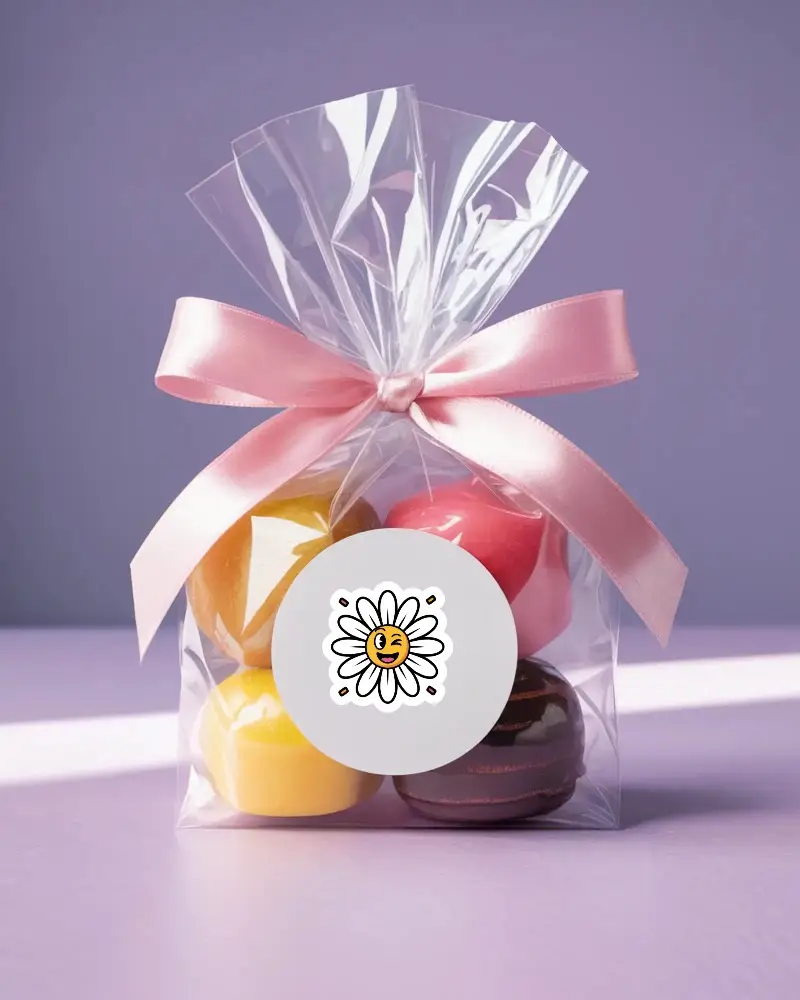 Luxury Transparent Sticker Mockup On Clear Bag With Colorful Sweets And Decorative Bow