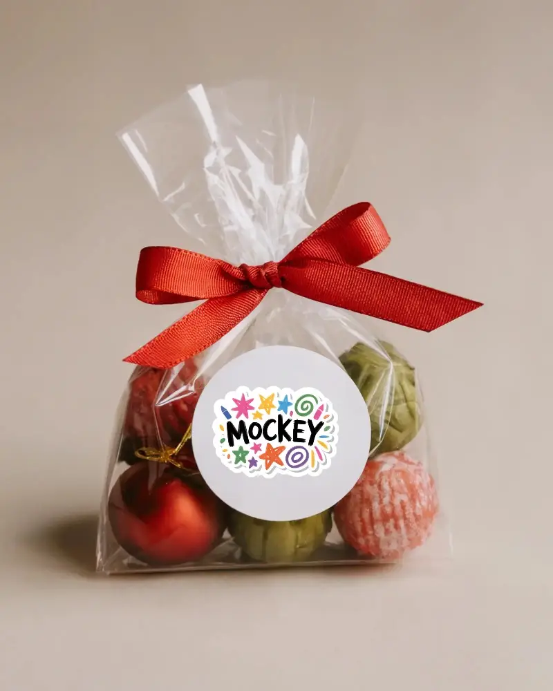 Circular Sticker Mockup On Transparent Bag With Decorative Ribbon For Custom Labels