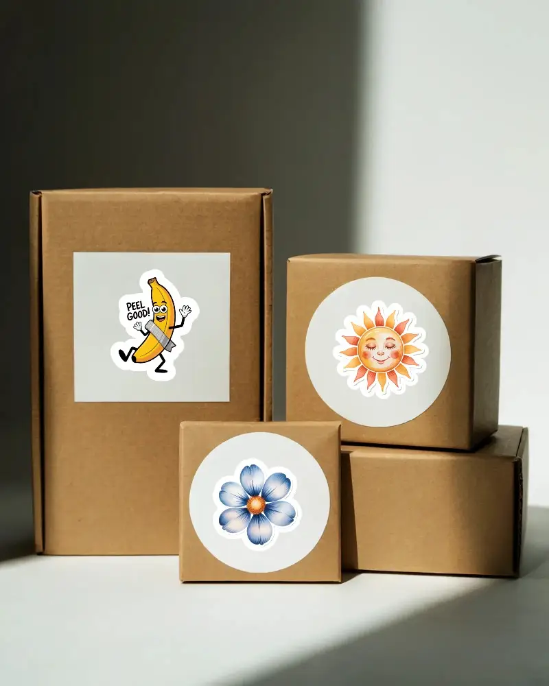 Kraft Boxes With Blank Sticker Mockups For Branding Design And Custom Labels Presentation