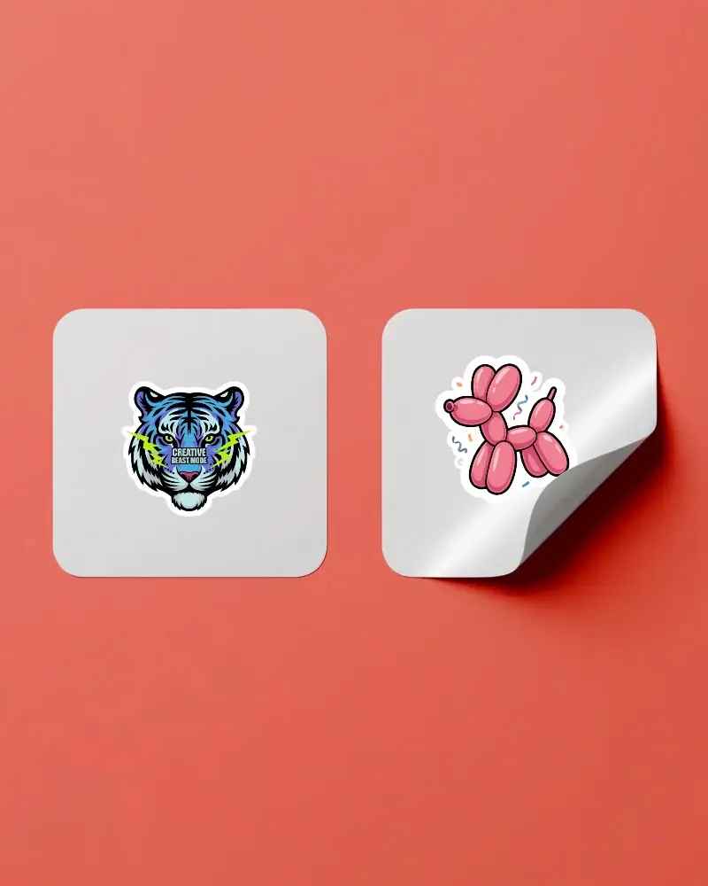 Premium Square Sticker Template With Rounded Corners And Curled Peel For Design Preview