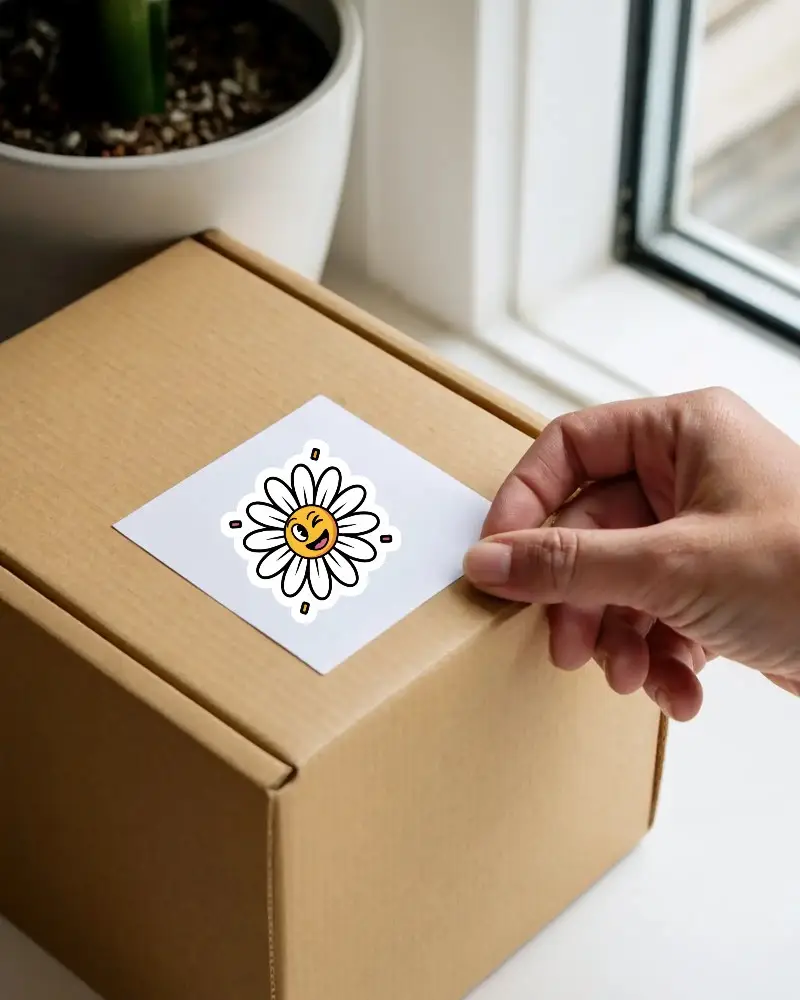 Hand Applying Square Sticker On Corrugated Cardboard Shipping Box Near Window