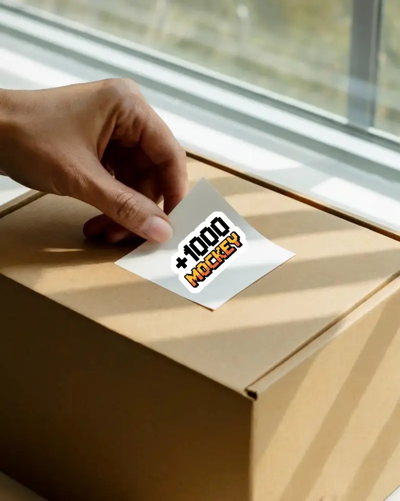 Blank Square Sticker Peeling Off Kraft Box Near Window For Custom Branding