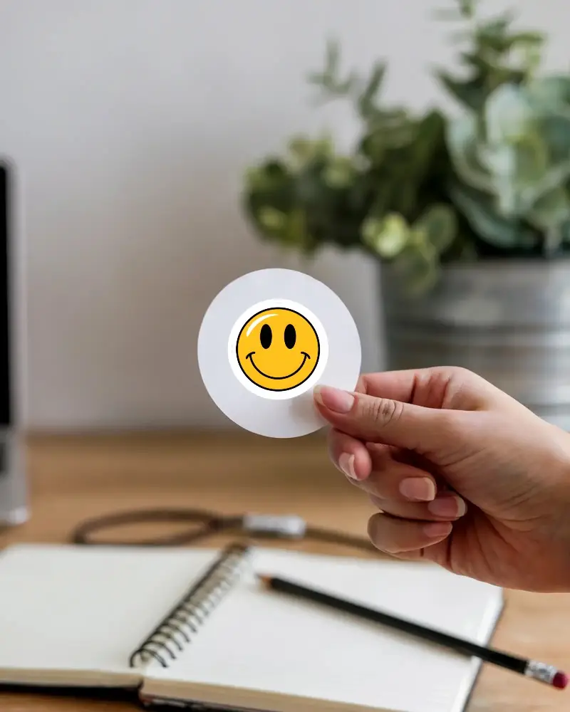 Hand Holding Circular Sticker Mockup With Natural Desktop Office Elements
