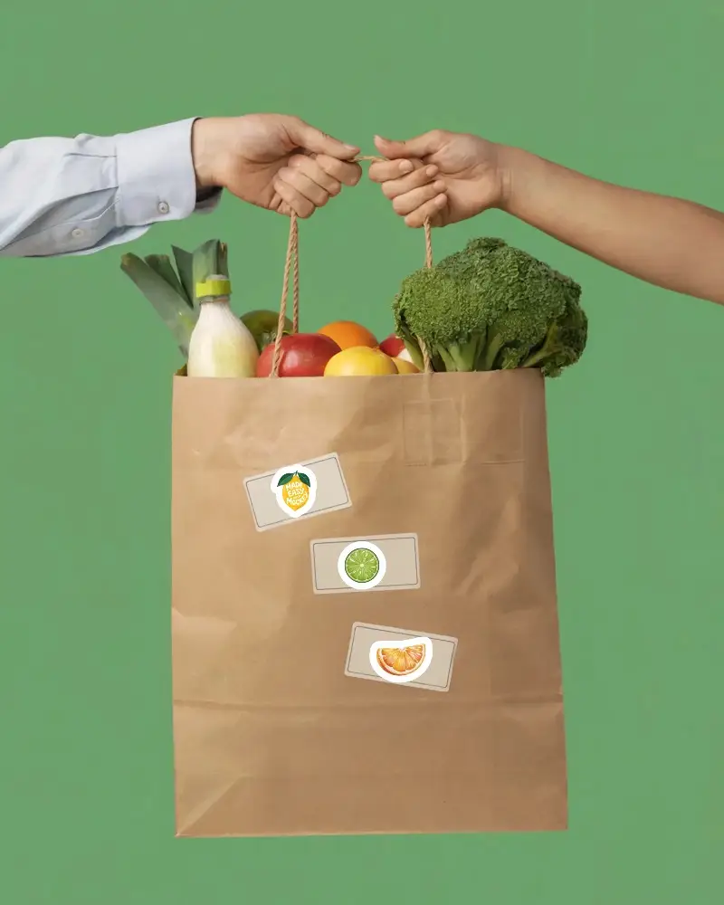 Blank Rectangular Sticker Mockups On Grocery Bag For Custom Branding Or Marketing Purposes