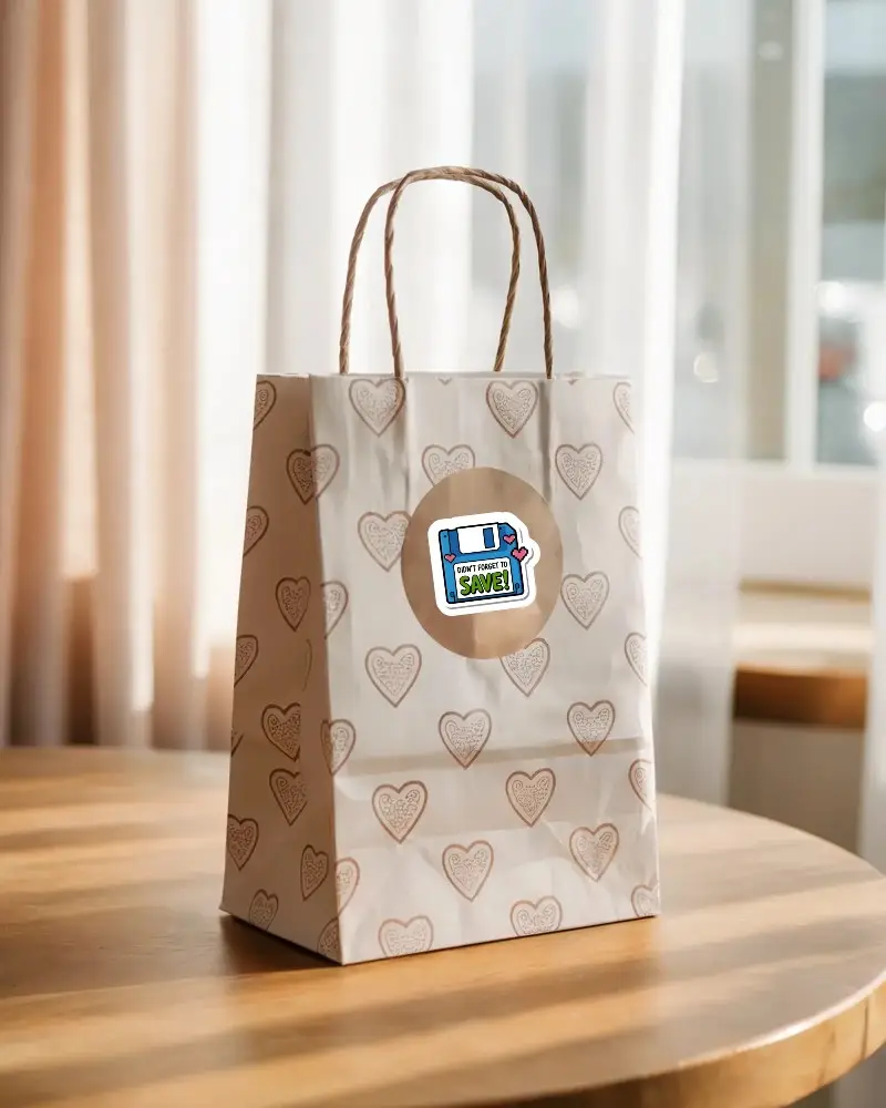 Paper Gift Bag With Heart Pattern And Circle Sticker Mockup On Wooden Table