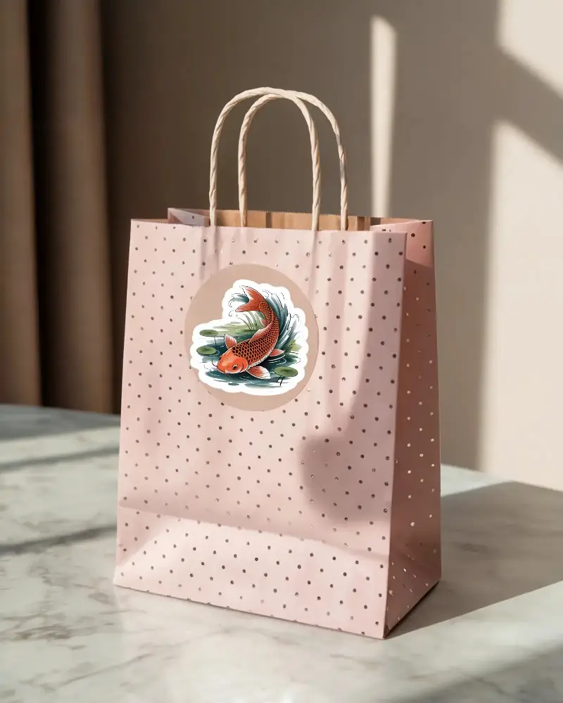 Elegant Polka Dot Shopping Bag With Round Sticker Mockup For Branding And Design