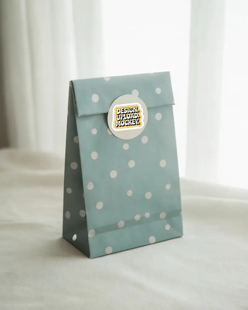 Branding Label Sticker Mockup With Round Seal On Stylish Polka Dot Gift Bag For Business