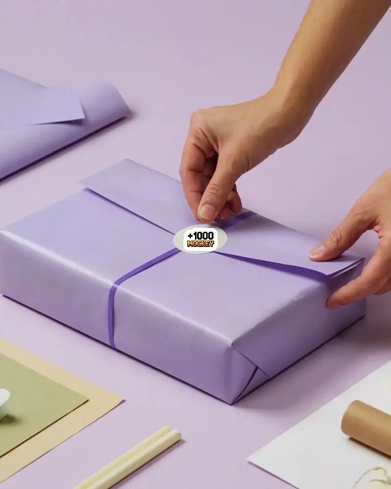 Premium Sticker Mockup On Elegant Purple Gift Wrap For Branding And Personalized Packaging