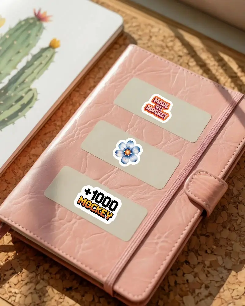 Three Plain Rectangle Sticker Mockups On Textured Journal Closed Book Setup