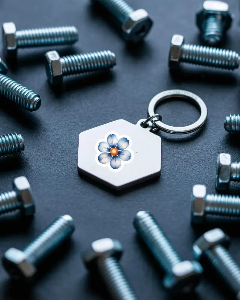 Blank Hexagon Metal Sticker Mockup Surrounded By Industrial Machine Bolts On Dark Surface