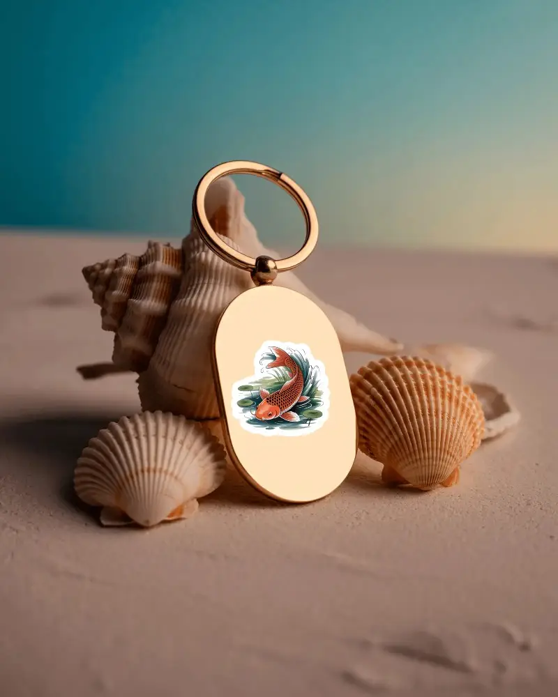Blank Oval Sticker Mockup With Seashells On Sandy Surface For Custom Design Presentation