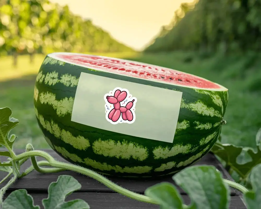 Half Cut Watermelon Display With Customizable Sticker Mockup In Outdoor Garden Setting