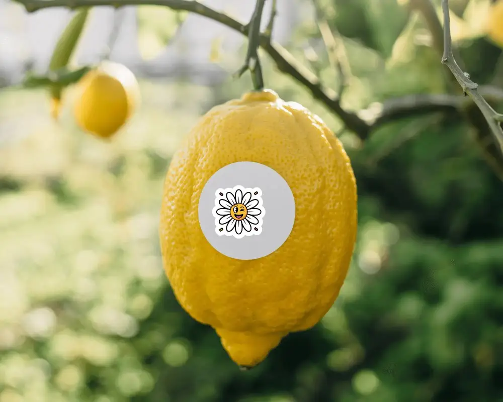 Blank Circular Sticker Mockup On Fresh Lemon Fruit Attached To Branch In Garden