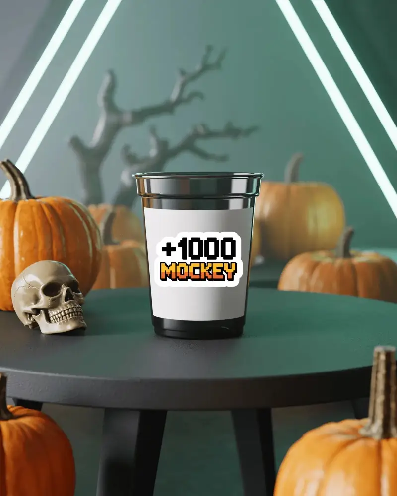 Blank Sticker Mockup On Plastic Cup Halloween Theme With Skull And Pumpkins Background