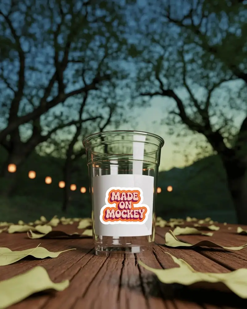 Clear Plastic Cup With Custom Sticker Mockup Label On Wooden Surface Outdoor Setting