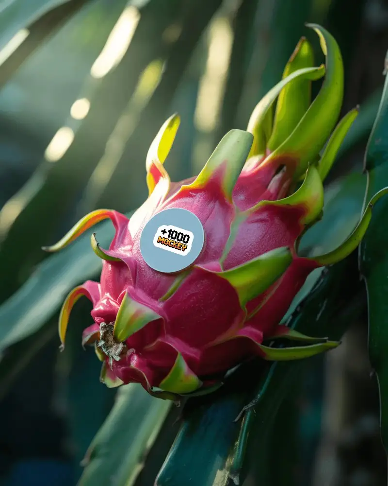 Vibrant Exotic Fruit On Plant With Round Sticker Mockup For Branding Promotion